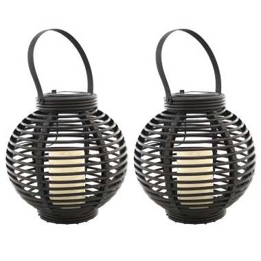 Set stuks buiten/tuin zwarte rotan lampionnen/hanglantaarns solar tuinverlichting