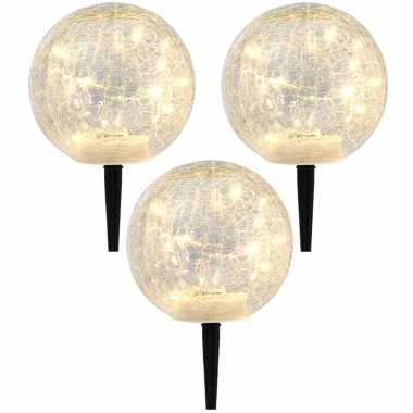 Set stuks solar tuinlampen/prikspots glazen craquele bol zonne energie