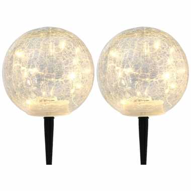 Set stuks solar tuinlampen/prikspots glazen craquele bol zonne energie