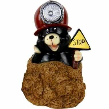 Tuindecoratie beeldje mol bruine helm mijnwerker